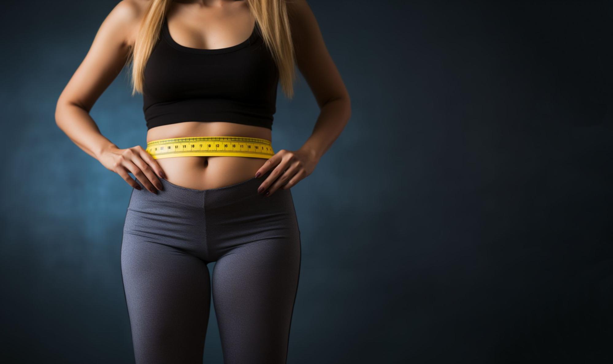 Woman measuring her waist with a yellow tape measure, symbolizing weight loss.