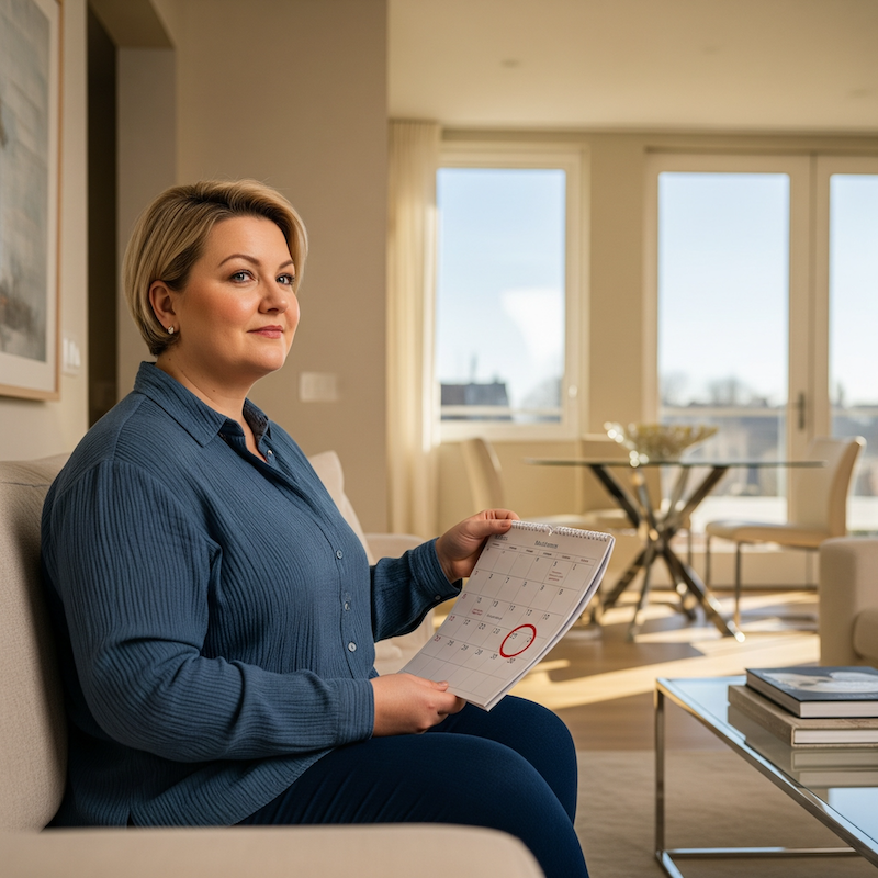 Woman looking at a calendar in a modern living room and thinking about her weight loss goals